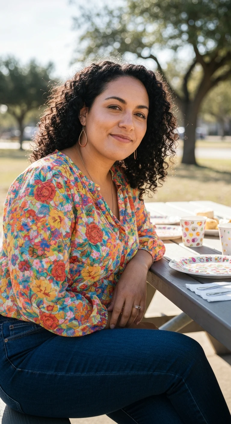 A 32-year-old Hispanic woman with curly black hair, brown eyes, medium complexion, wearing a casual blouse and jeans, sitting at a picnic table in San Antonio, Texas.