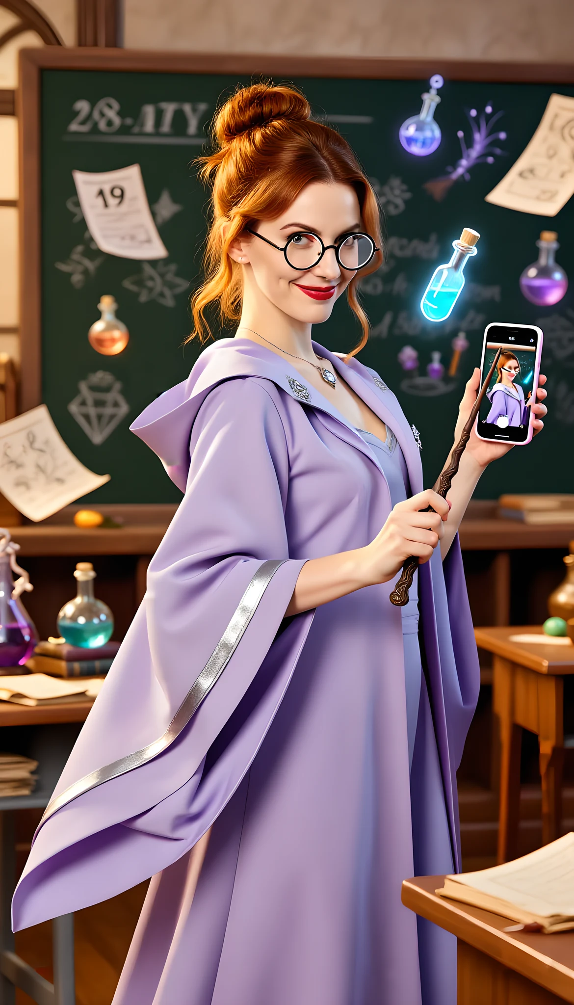Portrait photo of a woman. Premium photorealistic portrait, subject sharp, natural realistic color, realistic skin texture, no soft-focus filter, no unwanted oversaturation. A 28-year-old Caucasian woman with long auburn hair tied in a messy bun, wearing a flowing lavender teach…