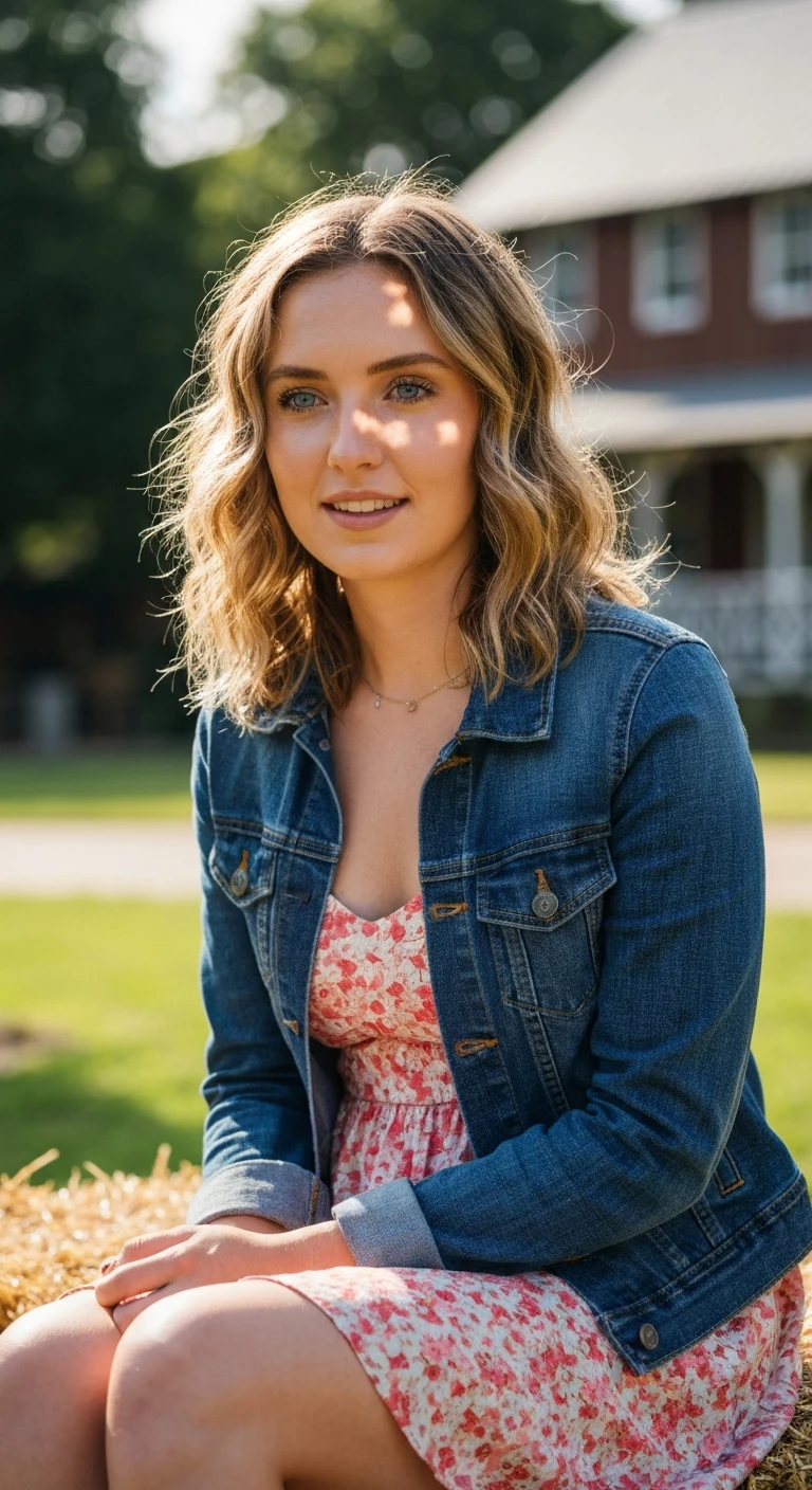 A 23-year-old Caucasian woman with wavy blonde hair, blue eyes, fair skin, wearing a denim jacket over a floral sundress, sitting on a hay bale in Austin, Texas.