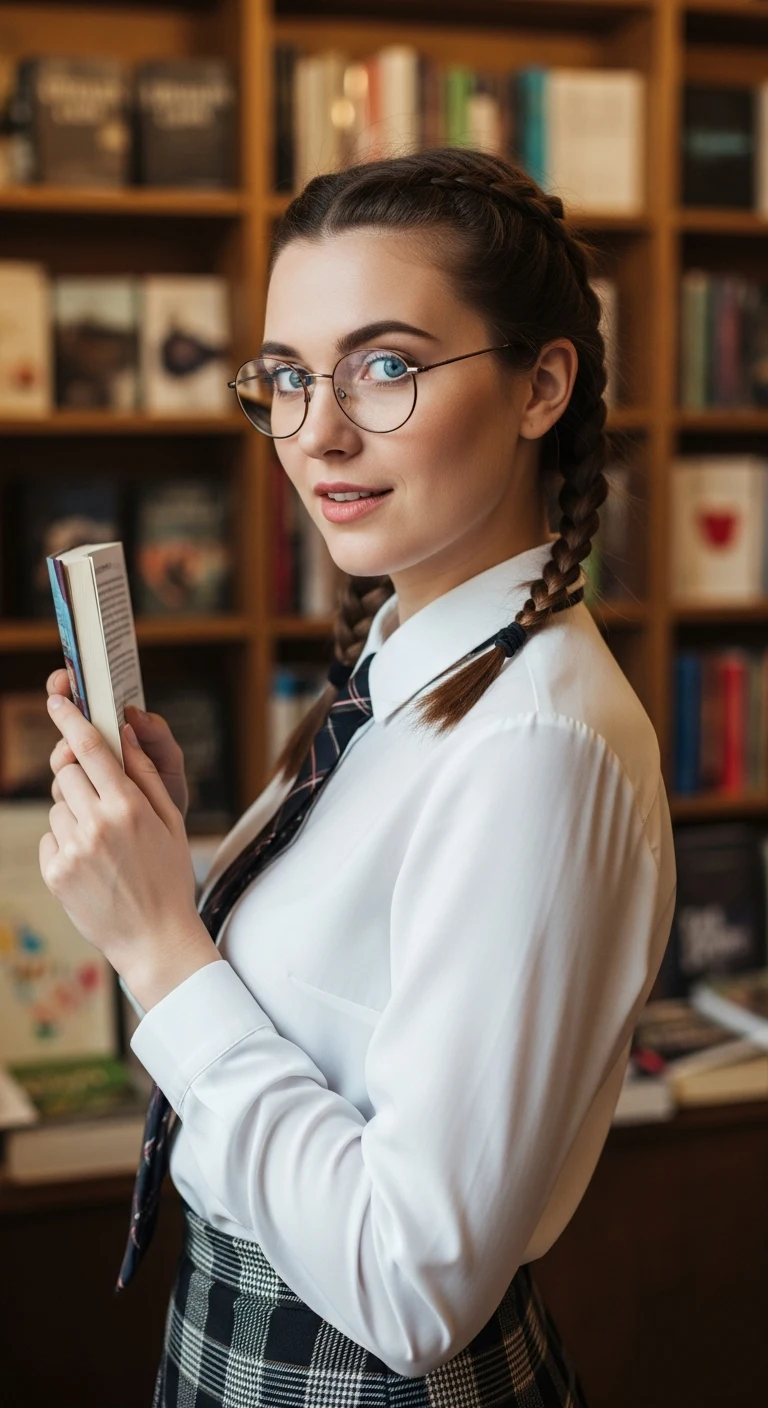 Portrait photo. Premium photorealistic portrait, subject sharp, natural realistic color, realistic skin texture, no soft-focus filter, no unwanted oversaturation. A 22-year-old Caucasian woman with fair skin, blue eyes, and brown hair in dual braids, wearing glasses, a white but…