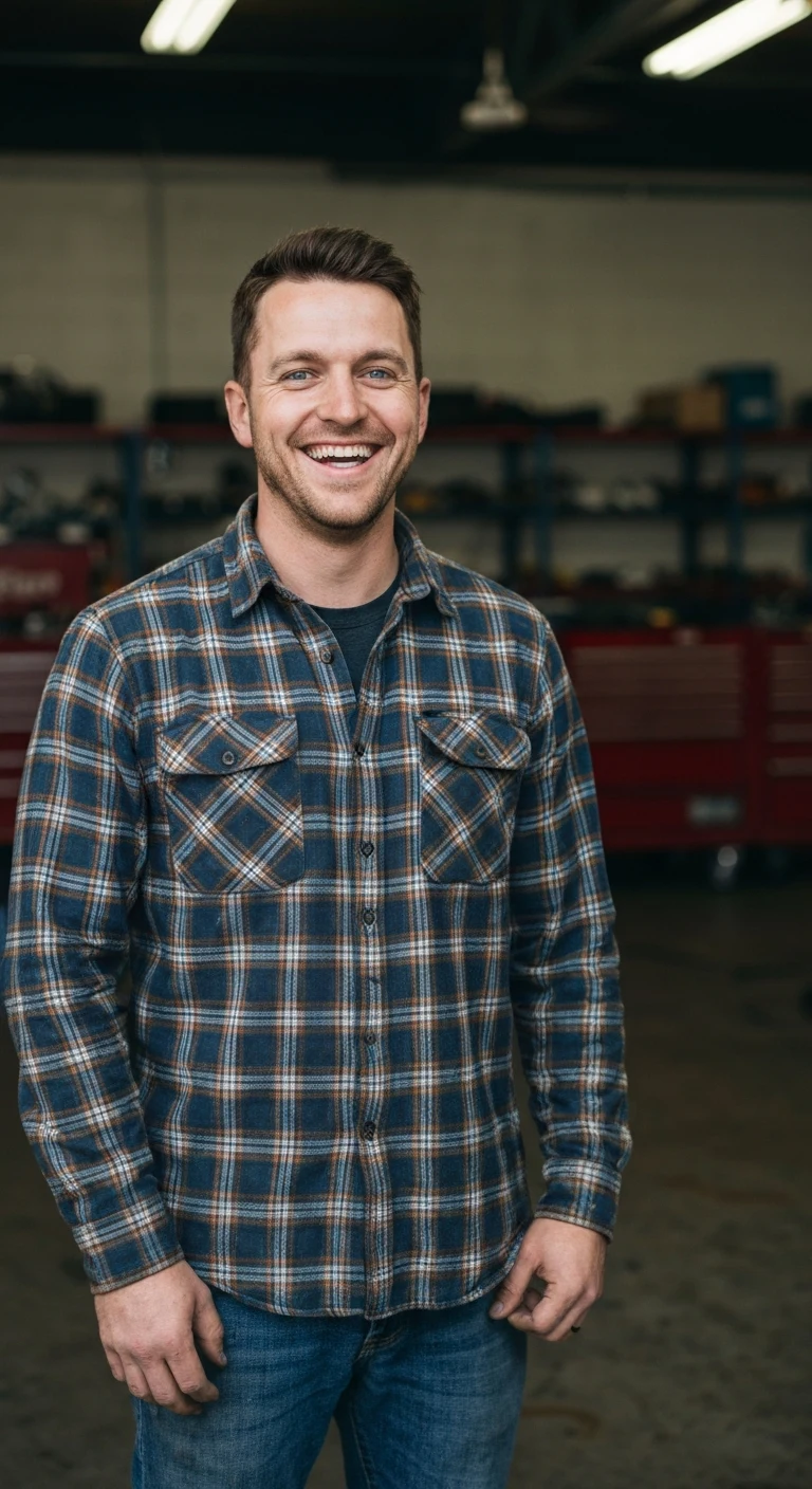 Portrait photo of a man. Premium photorealistic portrait, subject sharp, natural realistic color, realistic skin texture, no soft-focus filter, no unwanted oversaturation. A 38-year-old Caucasian man with short brown hair, blue eyes, medium build, wearing a flannel shirt and jea…