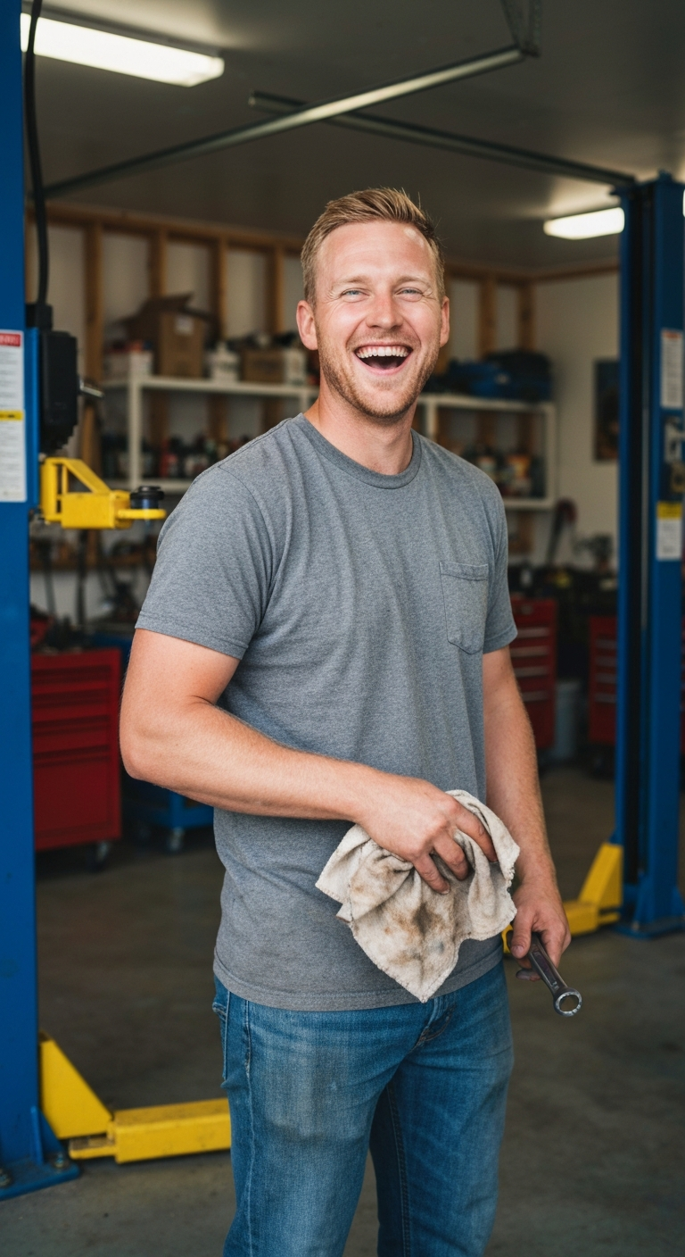 Mark wiping grease off his hands with a stained rag in his cluttered garage, laughing hard at his own joke