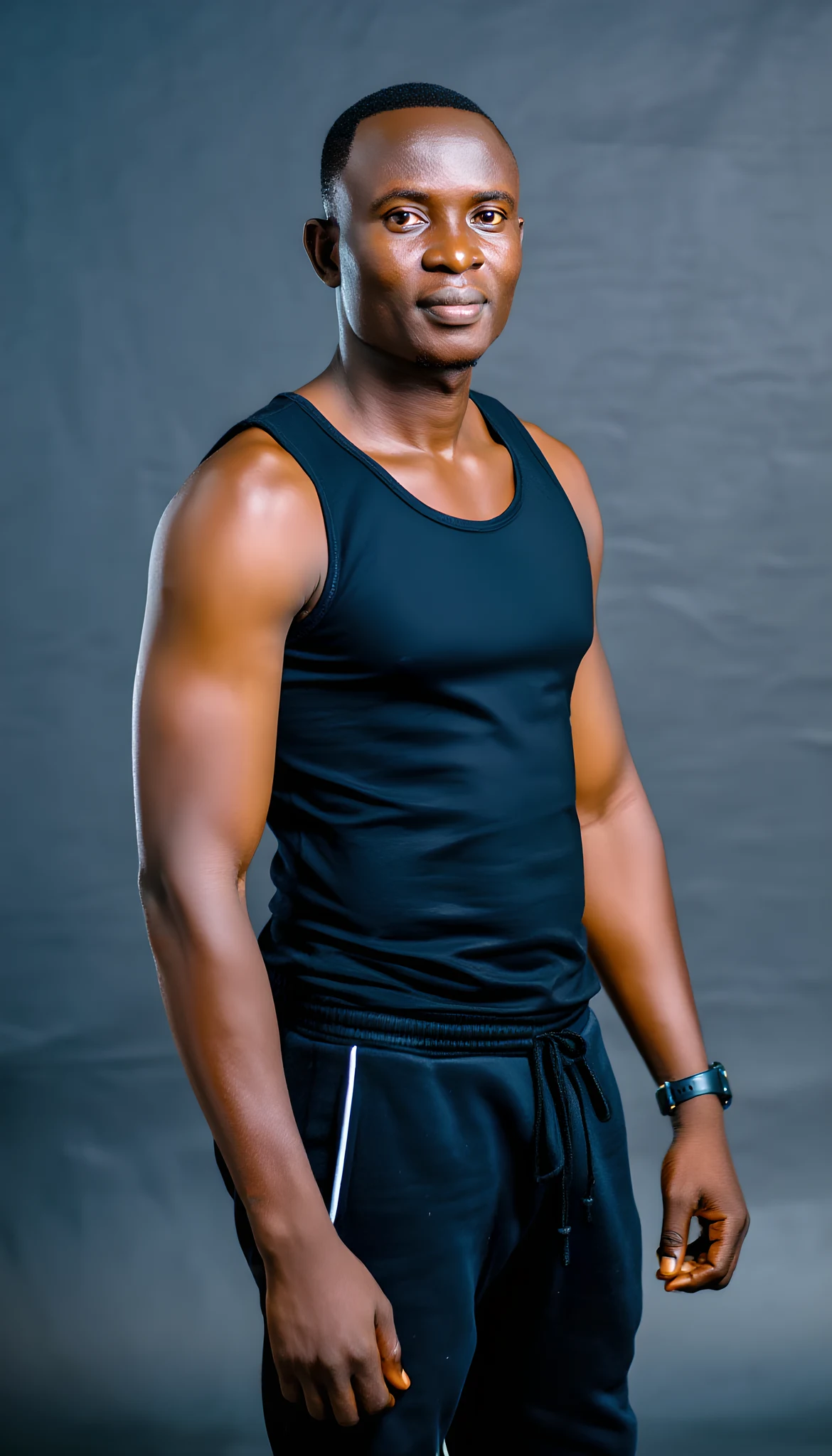 Portrait photo of a man. Premium photorealistic portrait, subject sharp, natural realistic color, realistic skin texture, no soft-focus filter, no unwanted oversaturation. A 28-year-old Nigerian man with short black hair, dark brown eyes, athletic build, wearing a black tank top…