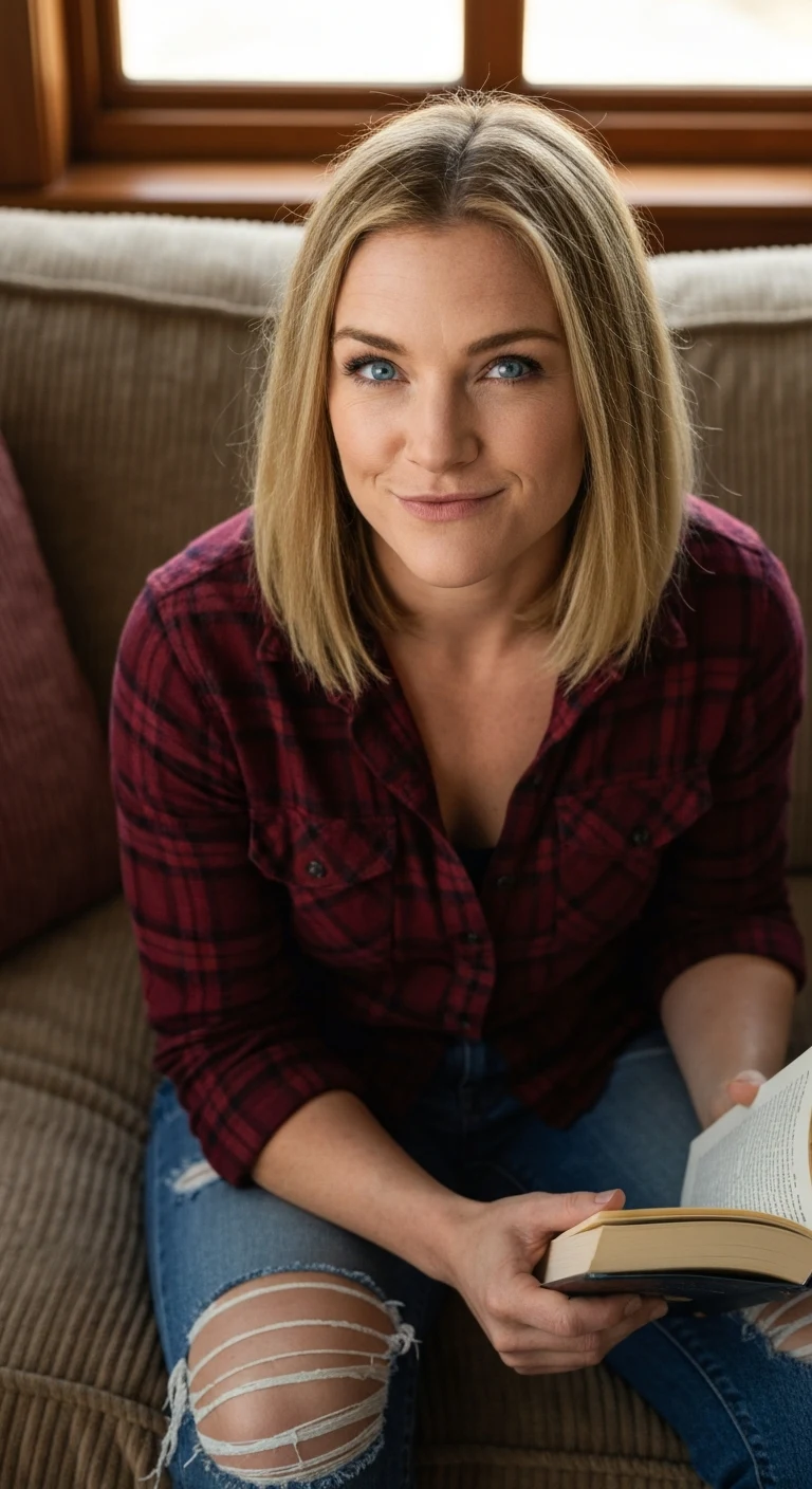 A 25-year-old Caucasian woman with shoulder-length blonde hair, blue eyes, fair skin, slightly athletic build, wearing a flannel shirt and jeans, sitting on a couch with a book in hand, looking up with a smirk.