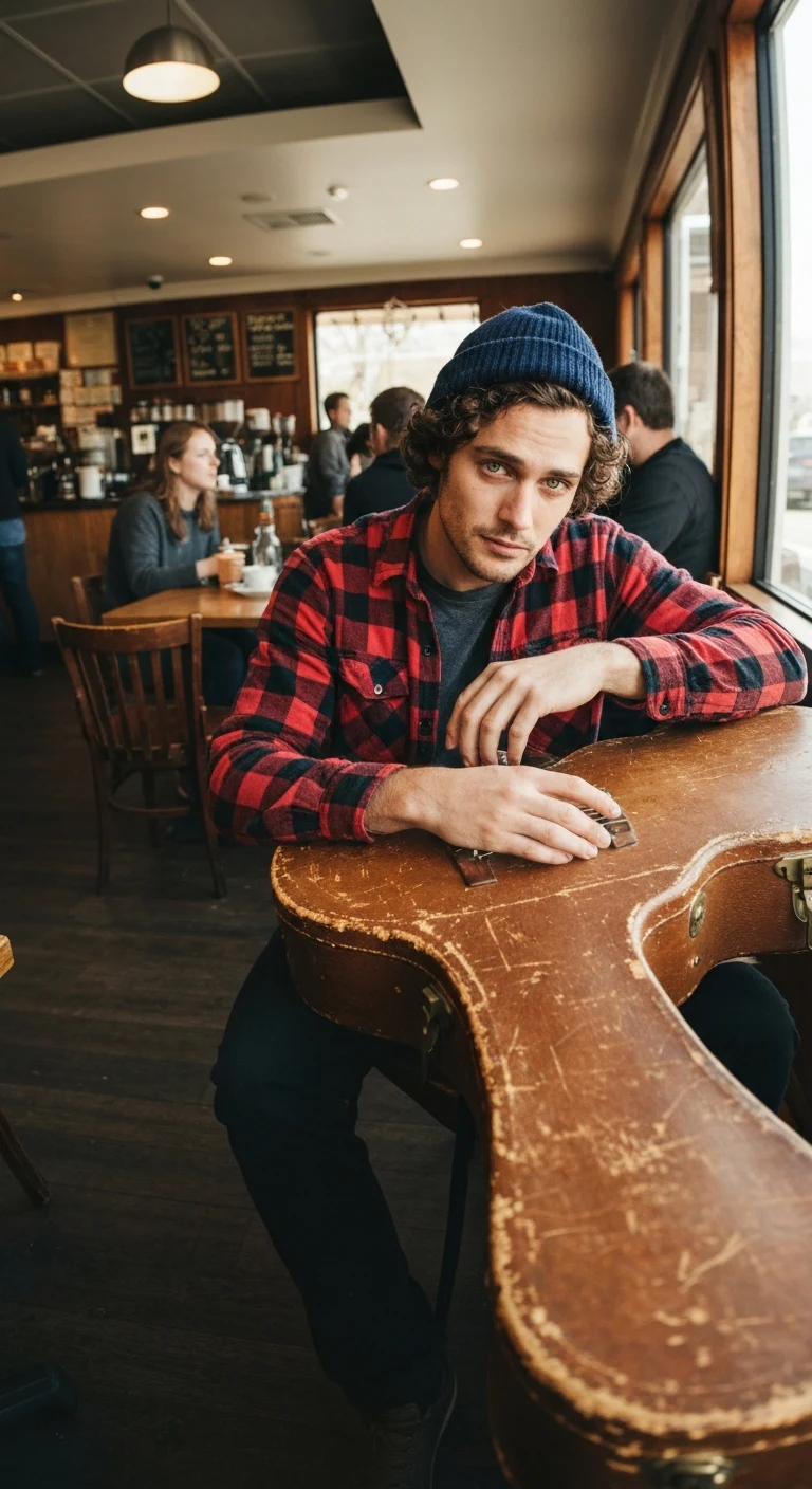 A man in his late 20s, Caucasian, with curly brown hair, soulful green eyes, lean build, wearing a flannel shirt and beanie, sitting in a coffee shop with a guitar case.