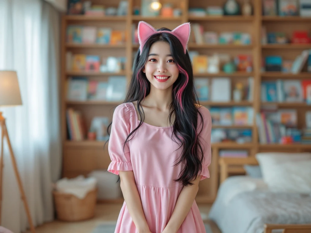 A realistic image of a 30 year-old Japanese woman with long black hair streaked with bright pink, big expressive brown eyes, fair skin, and a petite build, wearing a pastel pink kawaii dress with attached cat ears and white ankle socks, standing in a cozy Tokyo bedroom shelves o…