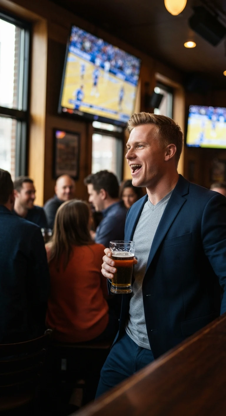 Caucasian male, 30, short blond hair, athletic build, wearing a suit jacket over a t-shirt, in a Chicago sports bar, holding a beer, cheering at a TV.