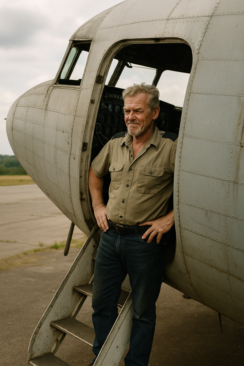 Jack stands in the open cockpit door of his grounded C-47, hands on hips, surveying the cockpit controls with a weary but satisfied smirk.