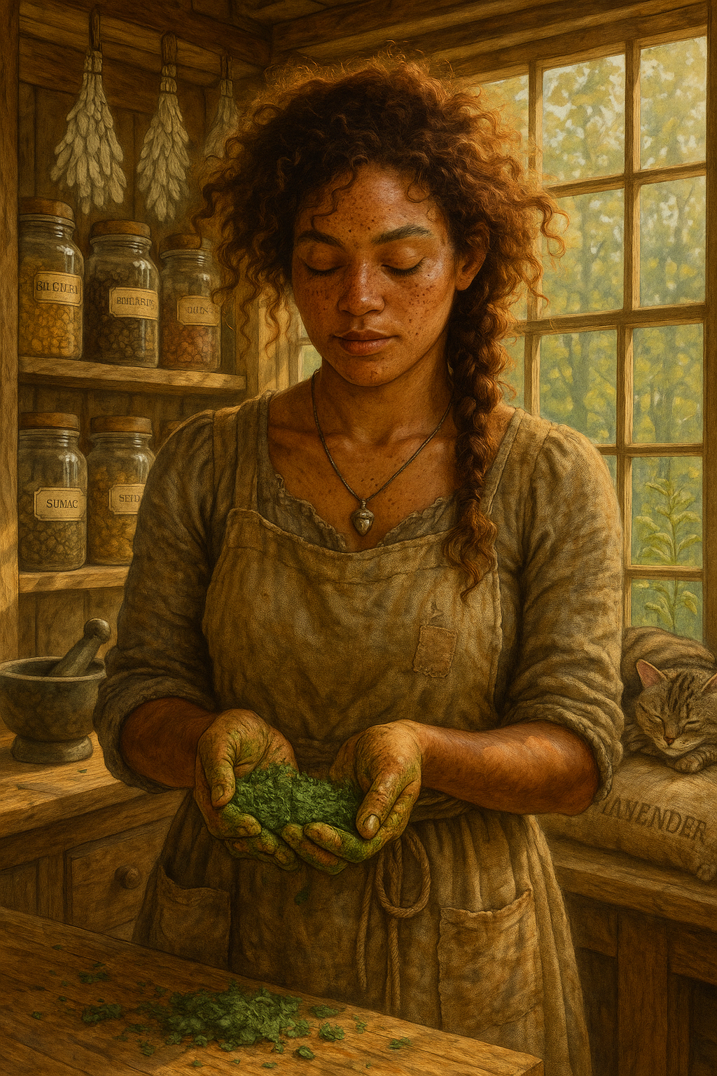 A woman in her late 20s with warm brown skin and wild, auburn curls escaping a loose braid, her hands stained green from crushing herbs. She wears a patched linen dress, a canvas apron tied with hemp twine, and a tiny silver acorn necklace—a gift from her grandmother. Behind her…