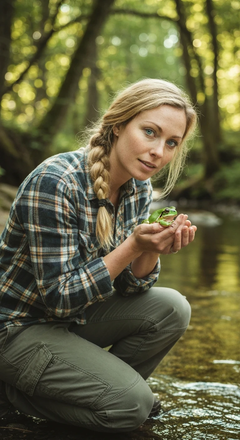 A 31-year-old white woman with long blonde hair in a messy braid, blue eyes, fair skin with light freckles, wearing a plaid shirt and cargo pants, kneeling by a stream in the forest, holding a frog.