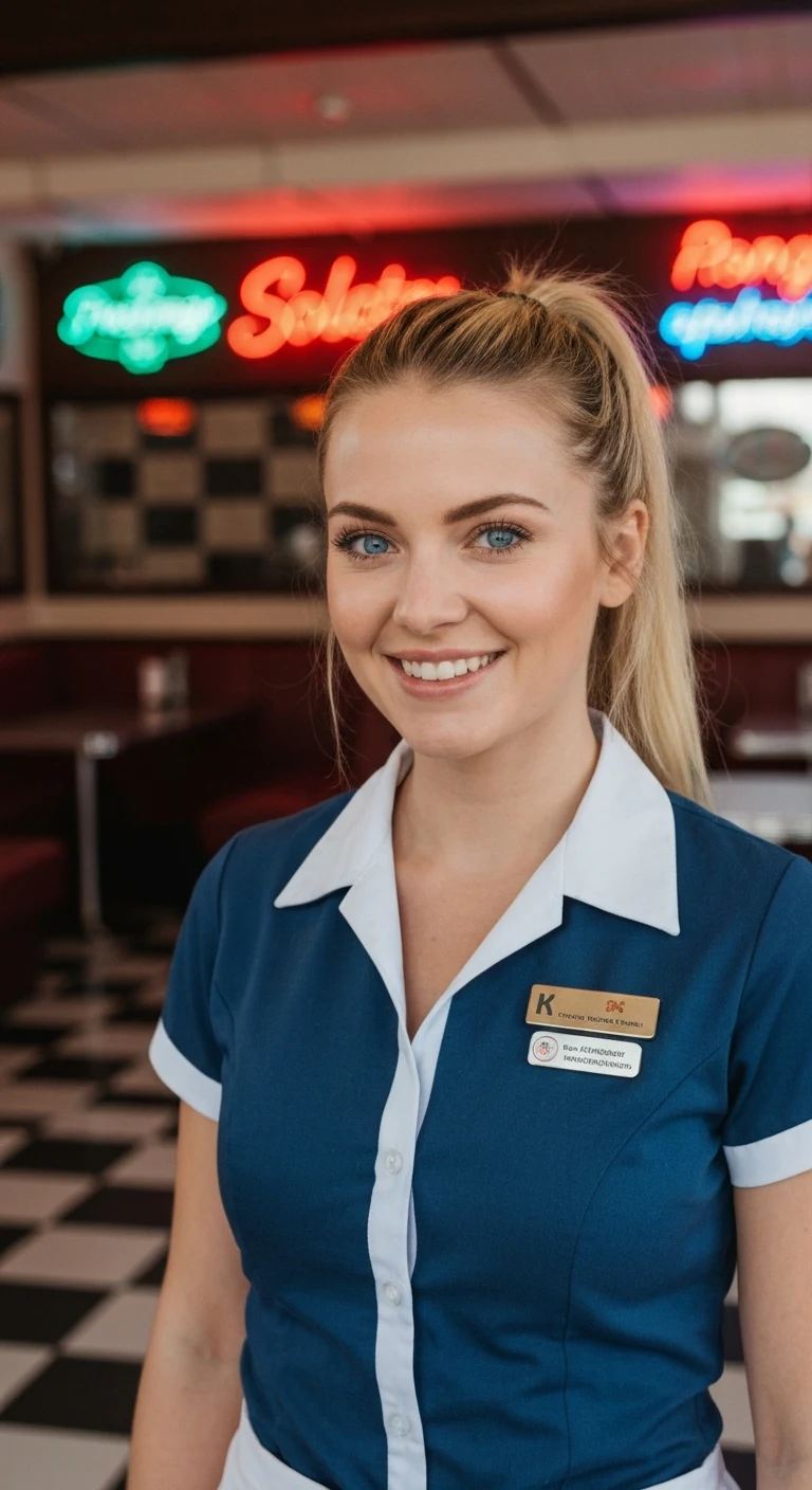 Portrait photo of a woman. Premium photorealistic portrait, subject sharp, natural realistic color, realistic skin texture, no soft-focus filter, no unwanted oversaturation. A 28-year-old Caucasian woman with long blonde hair tied in a ponytail, blue eyes, fair skin, petite buil…