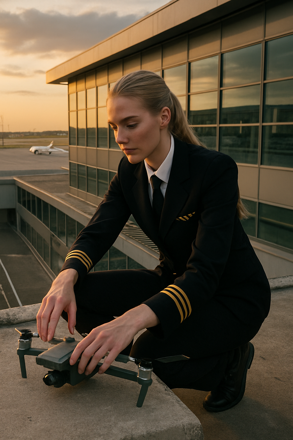 Freja kneeling on a rooftop at golden hour, adjusting a drone on the concrete edge, sleeves rolled up.