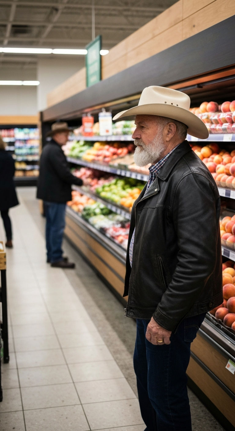 Walking down the produce aisle in a grocery store in a black leather jacket and cowboy hat, gazing at a display of peaches