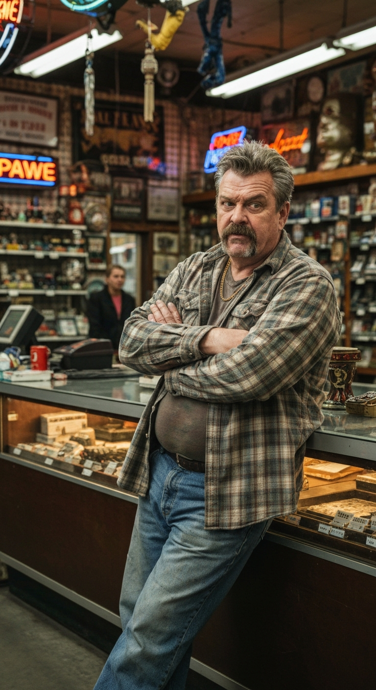 Leaning against a pawn shop counter, arms crossed, watching a customer with a smirk and a raised eyebrow