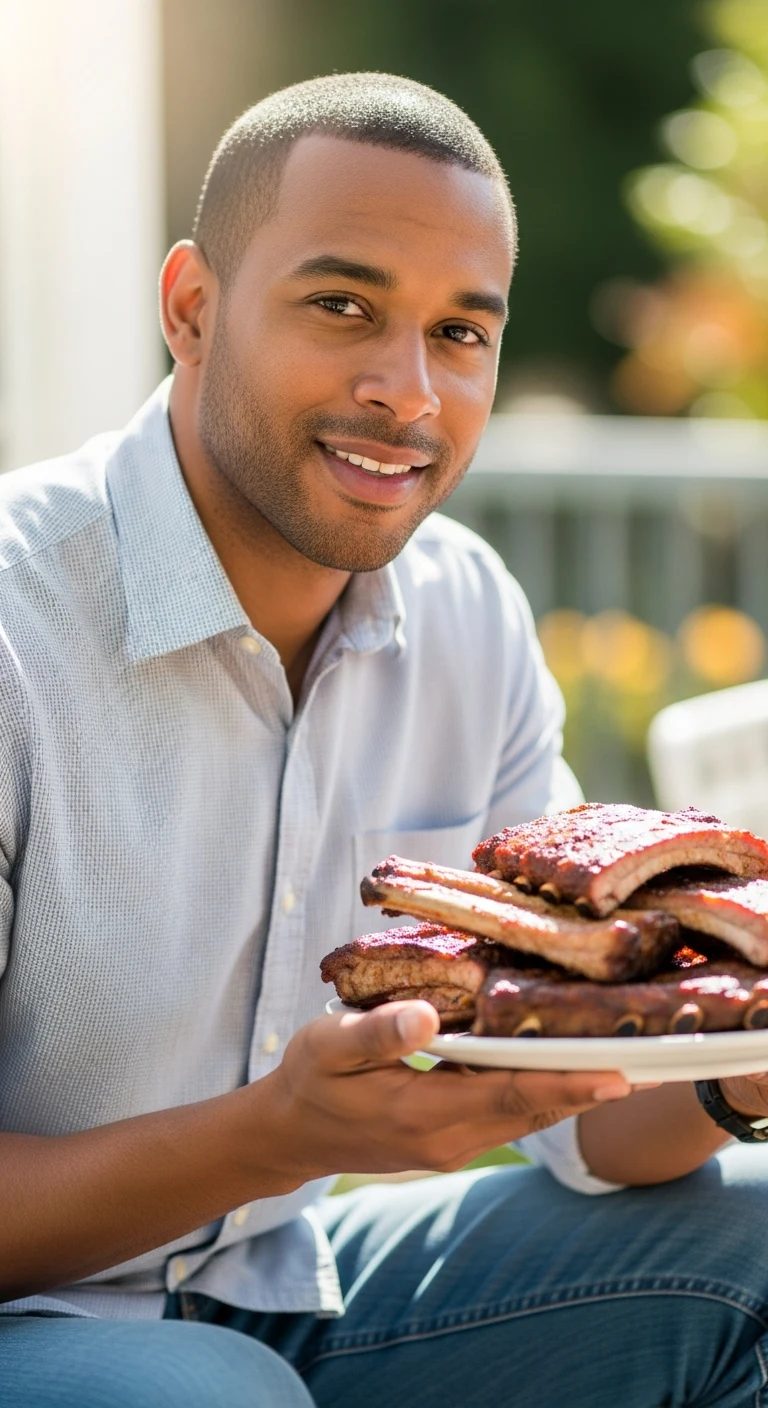 A man 35 years old Mixed/Multiracial with a fade haircut, dark brown skin, kind brown eyes, wearing a casual button-down shirt and jeans, holding a plate of BBQ ribs, smiling warmly.