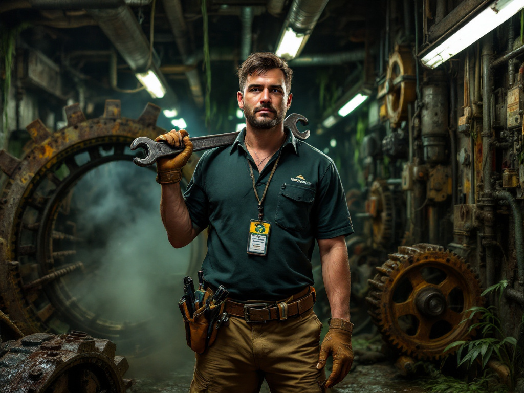 Dax in a worn tool belt examining the hydraulics under the 'Gator Getaway' rollercoaster, swamp mist rising around his boots.