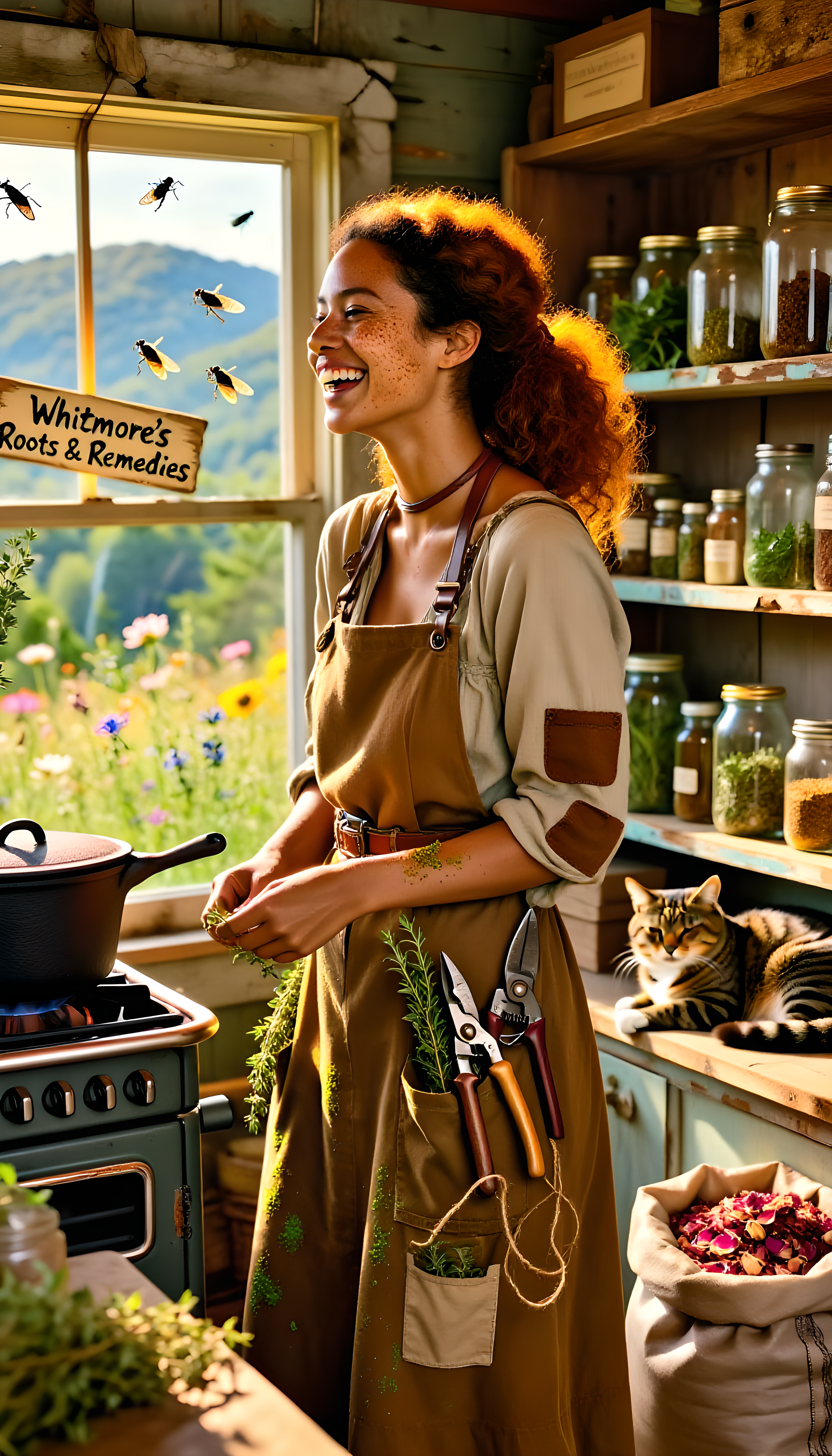 A woman in her late 20s with warm brown skin, freckles like scattered cinnamon, and wild auburn curls tied back with a leather cord. She’s laughing, her earth-toned sundress (patches on the elbows, apron stuffed with pruners and twine) dusted with pollen. Around her, the cozy ap…