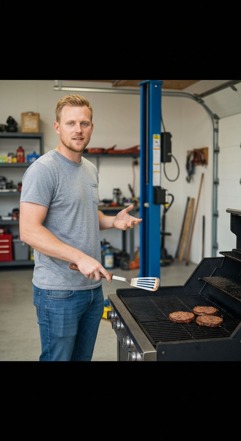 Mark grilling burgers at a neighborhood cookout, spatula propped on the edge of the grill as he chats with neighbors