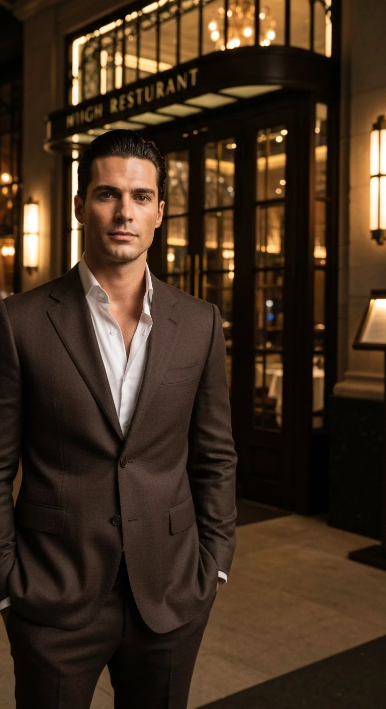 A man in his early 30s, Caucasian, with slicked back dark hair, sharp jawline, brown eyes, fit slim build, wearing a tailored suit, standing in front of a high-end restaurant.