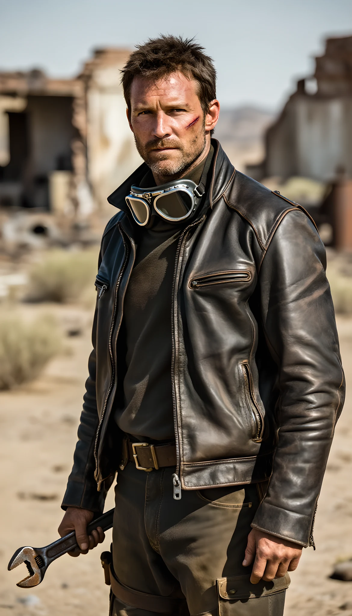 Portrait photo of a man. Premium photorealistic portrait, subject sharp, natural realistic color, realistic skin texture, no soft-focus filter, no unwanted oversaturation. A man, 30s, Caucasian, rugged face with a scar across his cheek, wearing a leather jacket and goggles, stan…