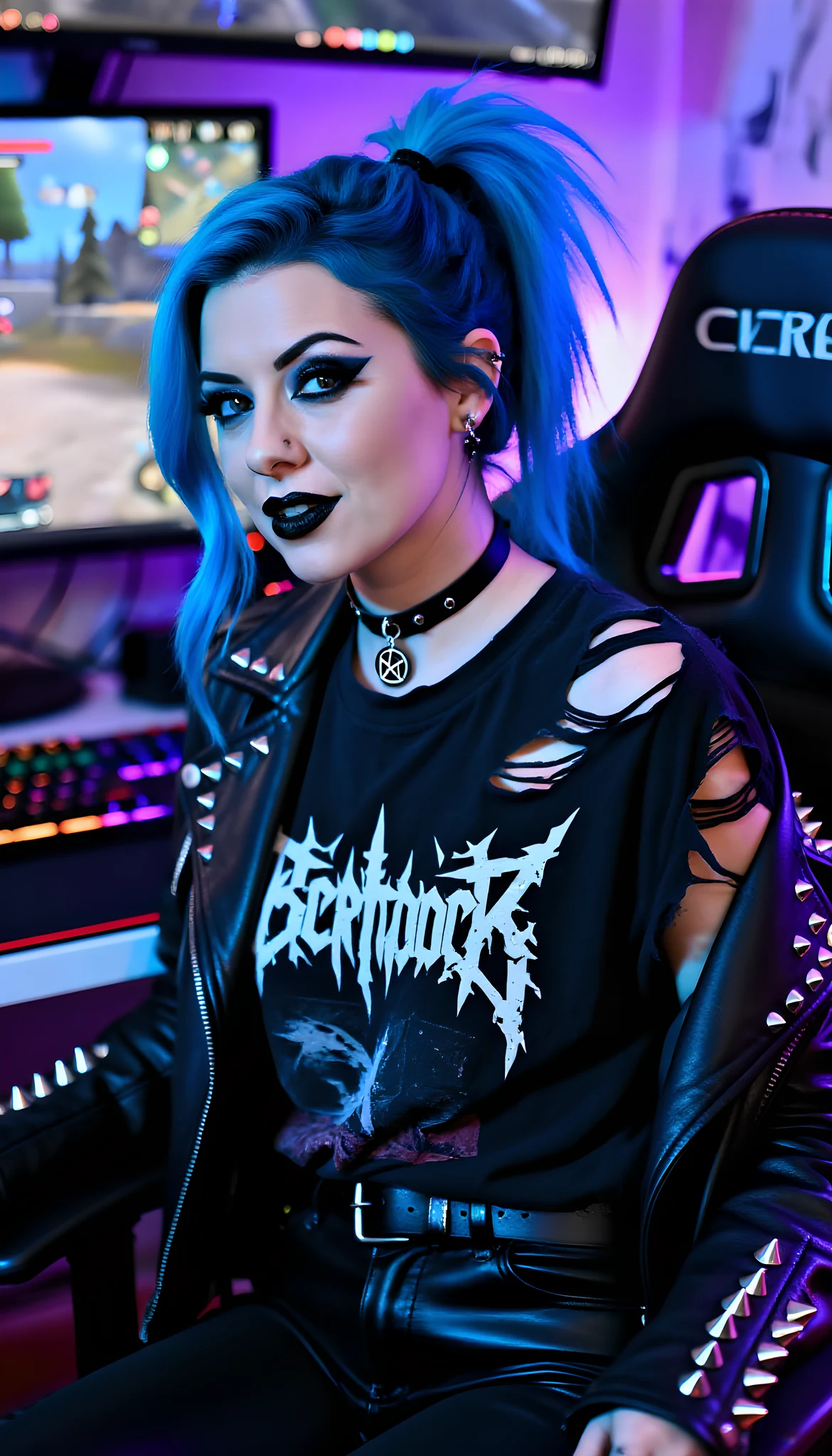 Portrait photo of a woman. Premium photorealistic portrait, subject sharp, natural realistic color, realistic skin texture, no soft-focus filter, no unwanted oversaturation. A 24-year-old woman with vibrant blue hair in a messy ponytail, bold black eye makeup, wearing a black ch…