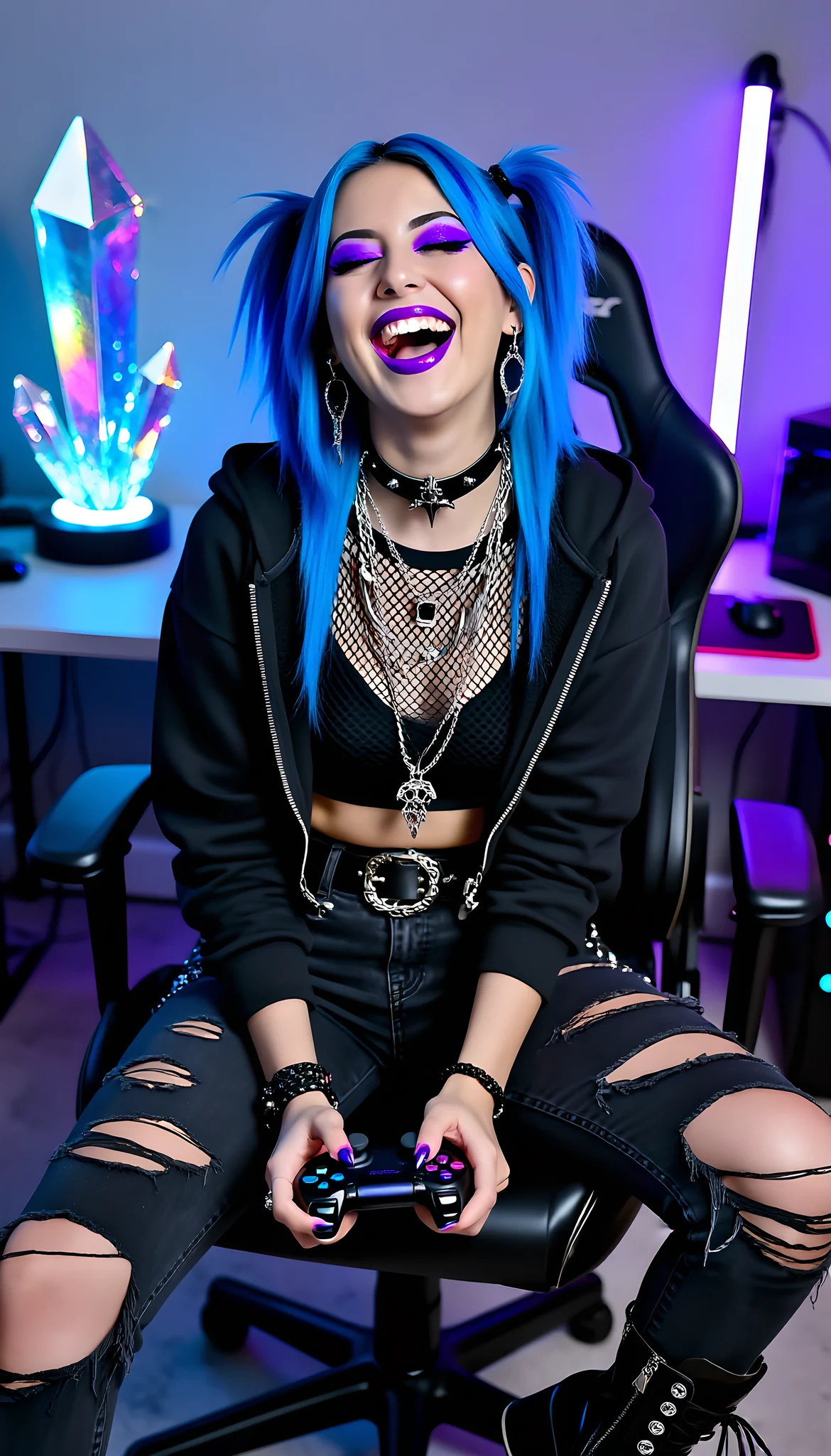 Portrait photo of a woman. Premium photorealistic portrait, subject sharp, natural realistic color, realistic skin texture, no soft-focus filter, no unwanted oversaturation. A woman in her mid-20s with vibrant blue hair in pigtails, bold purple eyeshadow, black gothic choker, la…