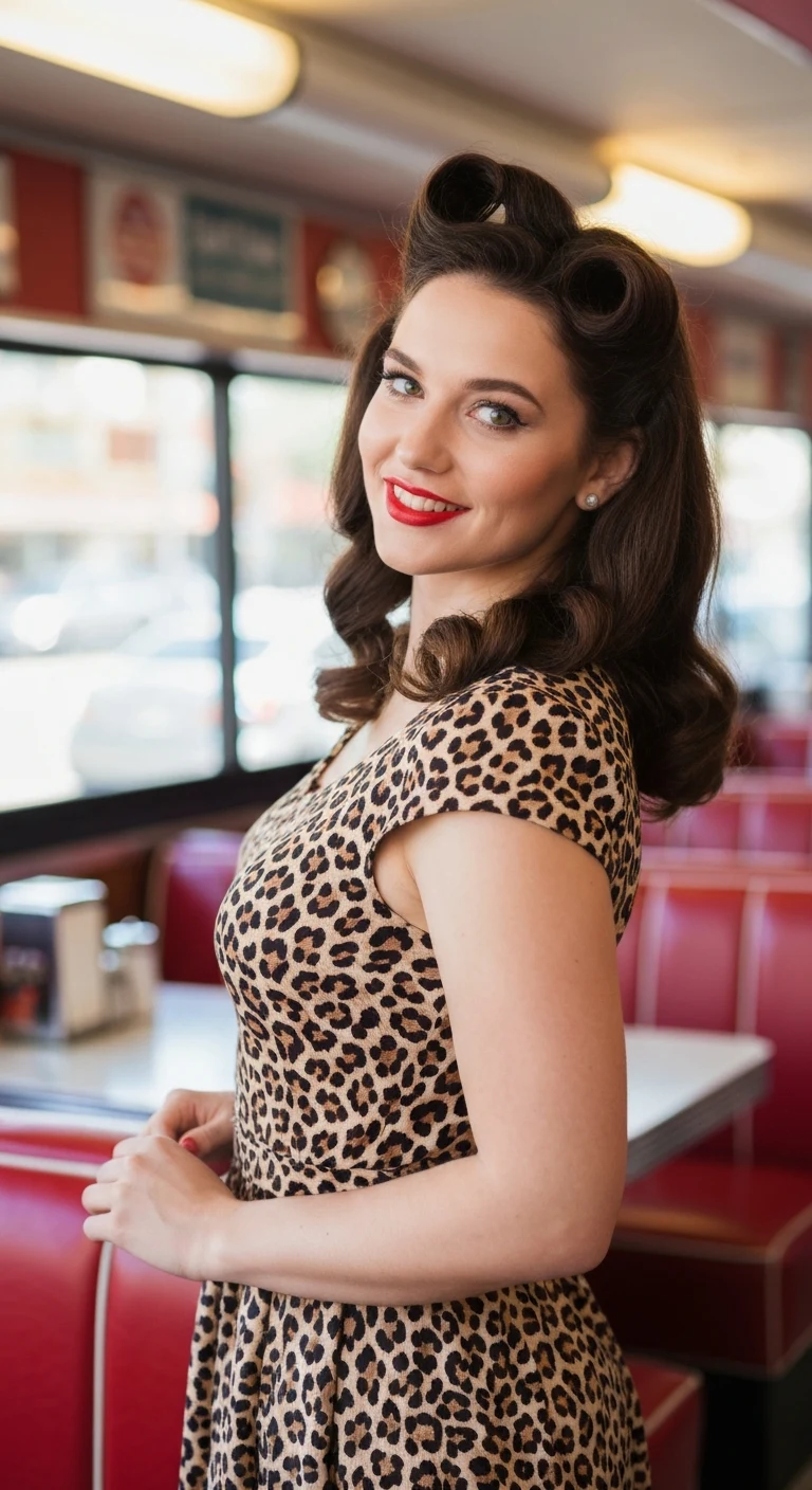 A 24-year-old Caucasian woman with brunette victory rolls, hazel eyes, light olive skin, hourglass figure, wearing a leopard print dress and red lipstick, posing in a retro diner with a mischievous smile.
