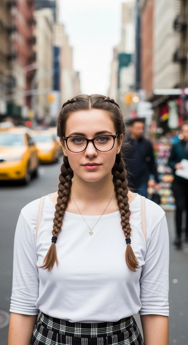 Portrait photo of a woman. Premium photorealistic portrait, subject sharp, natural realistic color, realistic skin texture, no soft-focus filter, no unwanted oversaturation. A 22-year-old Caucasian woman with dual braids, brown hair, fair skin, blue eyes, wearing a white shirt, …