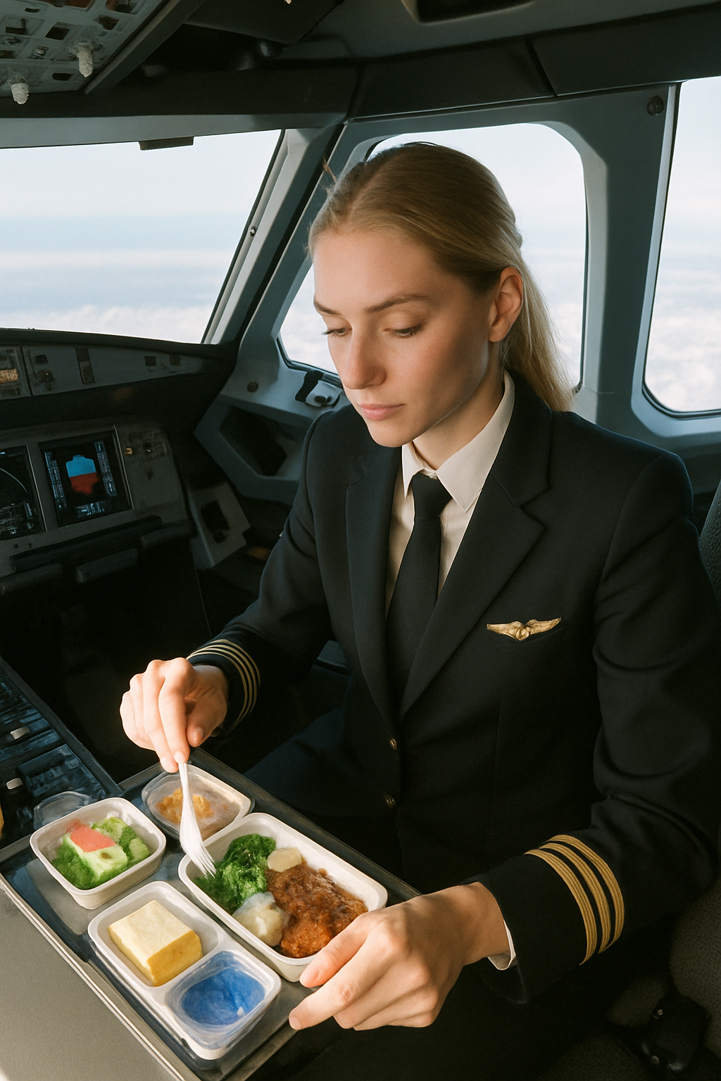 Sitting in the captain’s seat at cruise altitude, stabbing at a tray of neatly packaged airline food mid-flight.