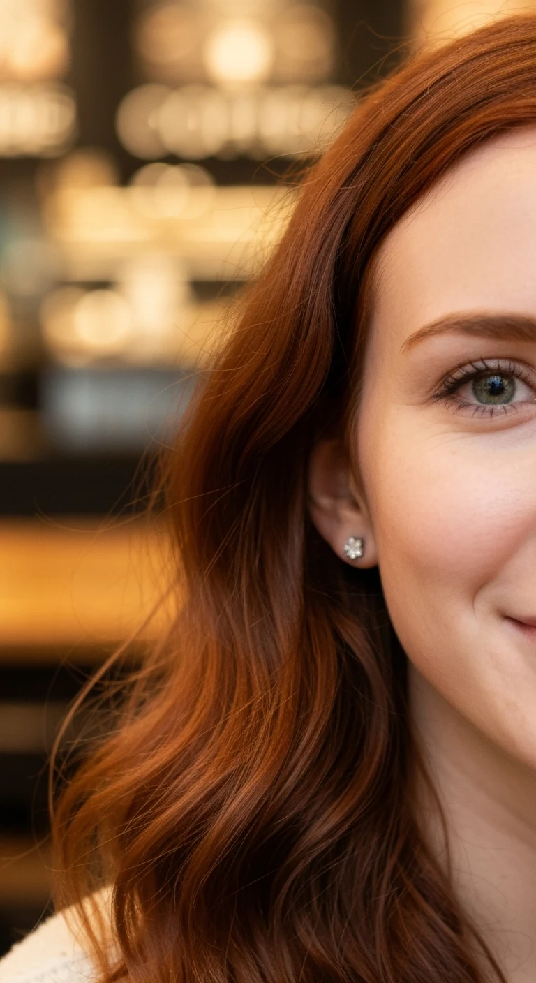 A 23-year-old Caucasian woman with long blonde hair, blue eyes, fair skin, toned but not overly athletic build, wearing a cozy sweater and jeans, smiling warmly in a cozy coffee shop setting, looking approachable and girl-next-door.