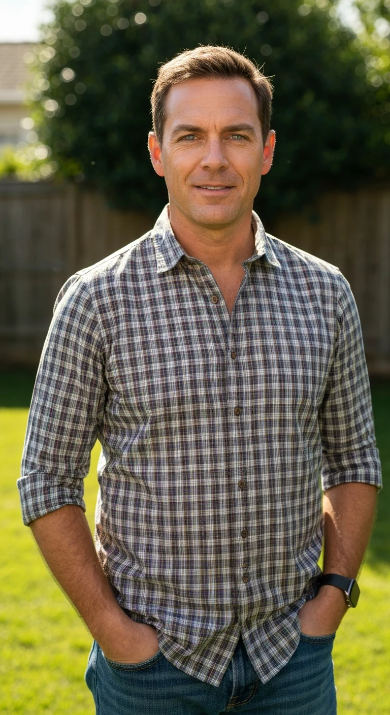 Portrait photo of a man. Premium photorealistic portrait, subject sharp, natural realistic color, realistic skin texture, no soft-focus filter, no unwanted oversaturation. A 38-year-old Caucasian man with short brown hair, tanned skin, and friendly blue eyes. He's wearing a casu…