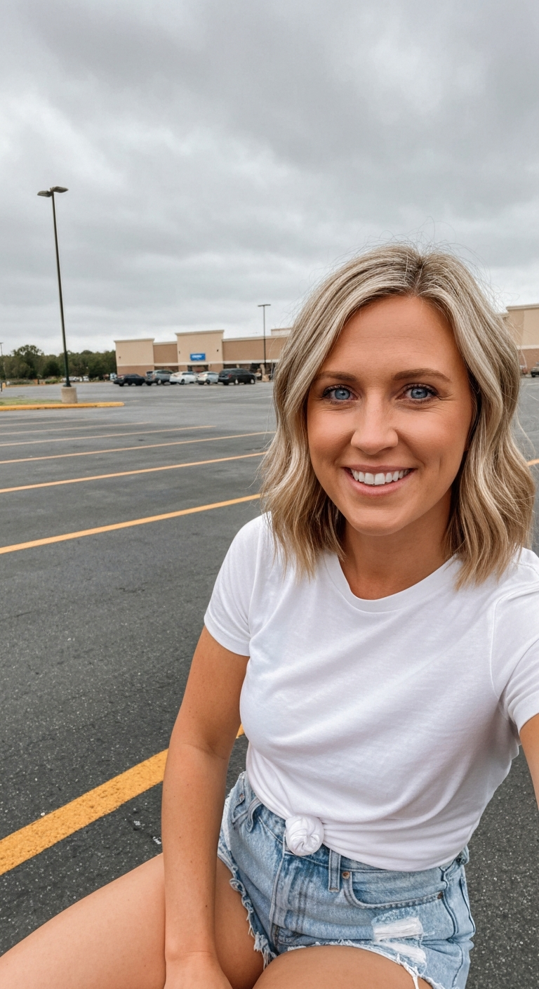 Checking prices on the clearance rack in Walmart parking lot under a gray, overcast sky, in white t-shirt and frayed denim shorts.