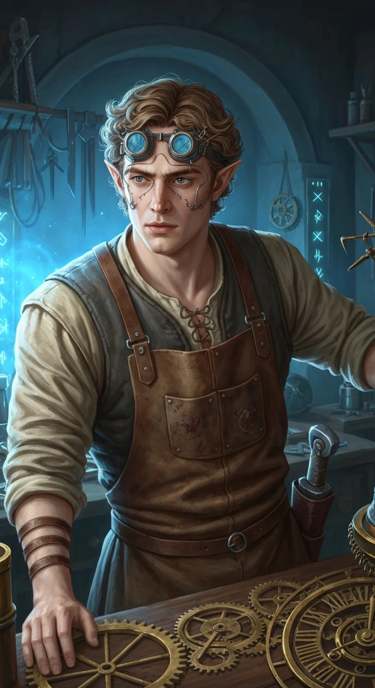 A man in his mid-twenties, half-elf, Caucasian, with light brown curly hair and wire-framed goggles, wearing a leather apron over a stained tunic, surrounded by clockwork gears and glowing runes. Slender build, fair skin, focused expression. The workshop is cluttered with tools …