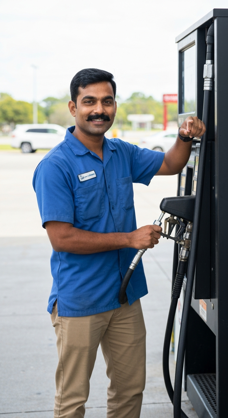 Deepak Sharma in a slightly wrinkled polo and khaki pants humming while adjusting the Slurpee machine nozzle at the gas station