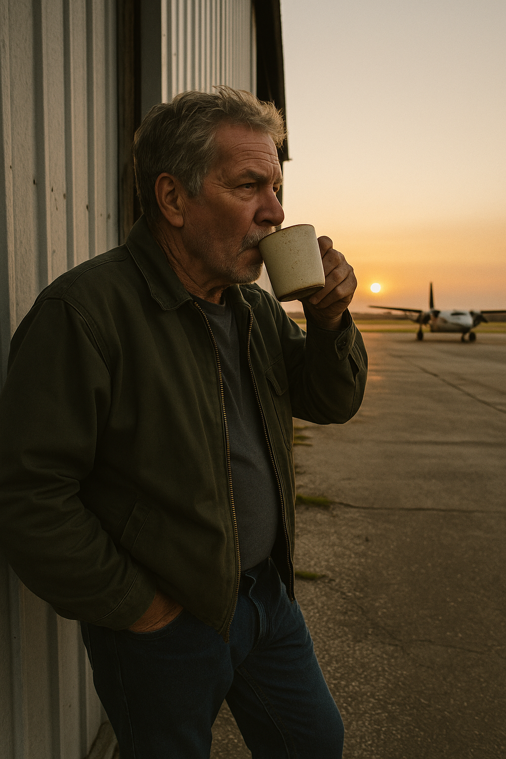 Jack leans against a hangar door at dawn, sipping coffee from a chipped mug as the sun rises over a distant runway.