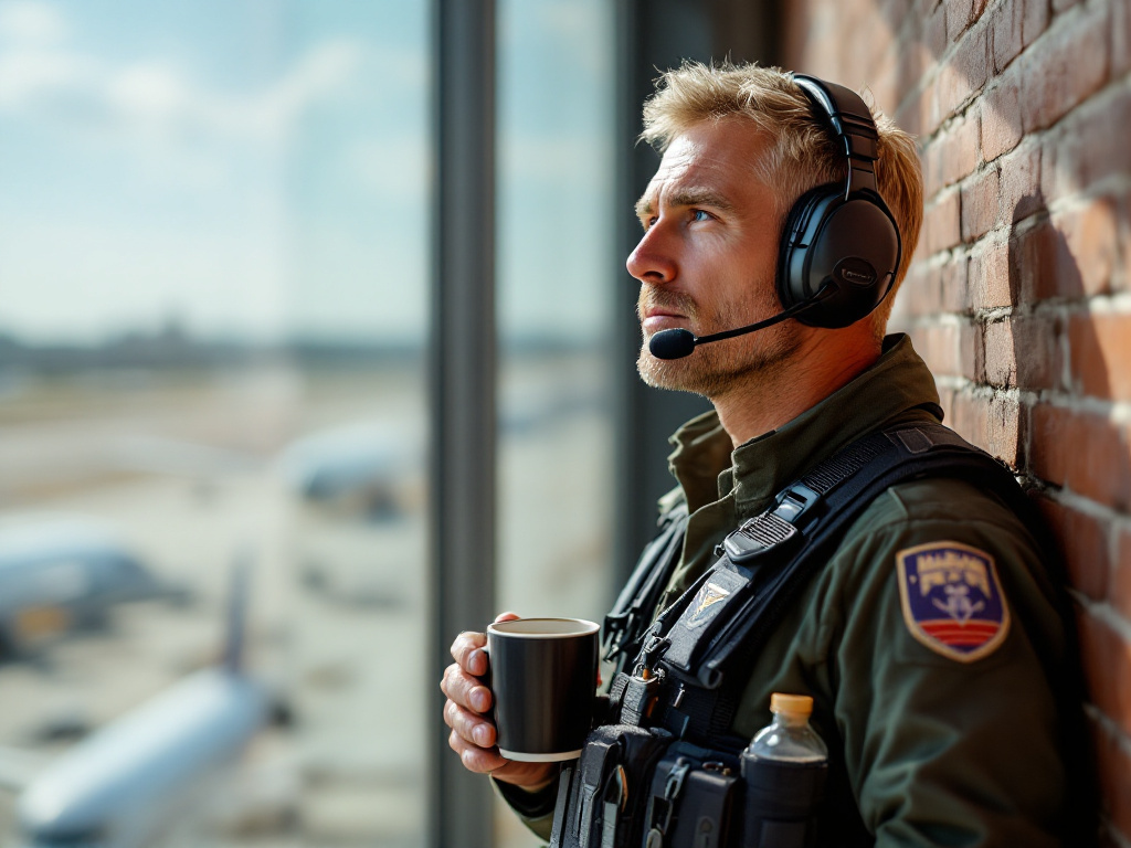 Dick leaning against a sunlit brick wall near a busy airport gate, gazing out at the runway while sipping black coffee from a travel mug