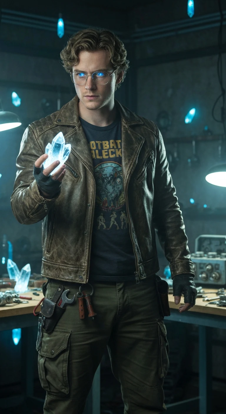 A man in his mid-20s, Caucasian, with light brown curly hair and wire-framed glasses. He wears a worn leather jacket over a geeky t-shirt (like a retro sci-fi band), cargo pants with tools hanging, and fingerless gloves. In a dimly lit workshop filled with glowing crystals and d…