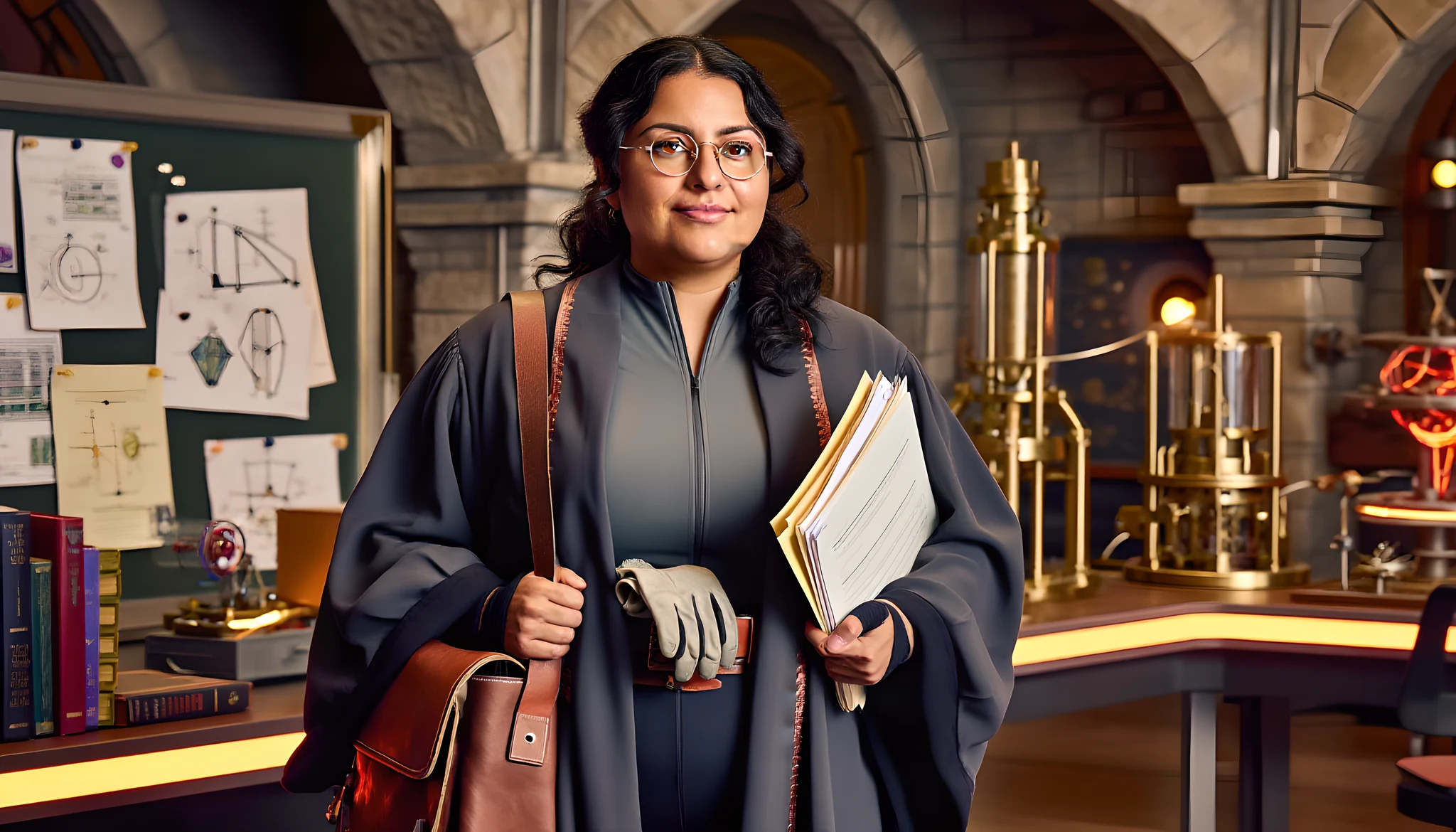 A woman, 41, Mexican American, approachable knowledgeable-looking university professor in a fantasy-industrial college district, medium height with a soft sturdy build, warm brown skin, dark wavy hair pinned back with a few loose strands, intelligent brown eyes behind round bras…