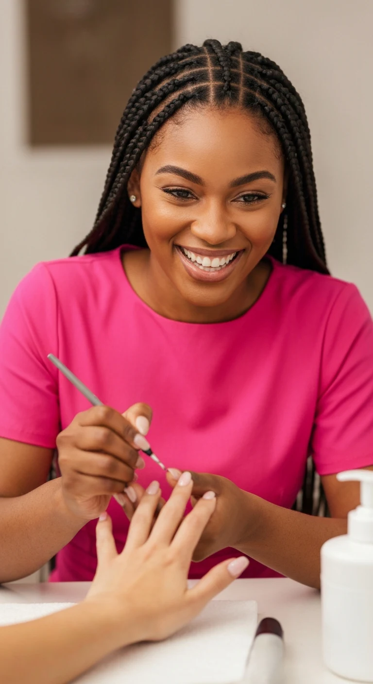 A 28-year-old African-American woman with box braids pulled back, warm brown eyes, rich brown skin, wearing a bright pink top and hoop earrings, smiling widely while doing a client's nails in a salon.