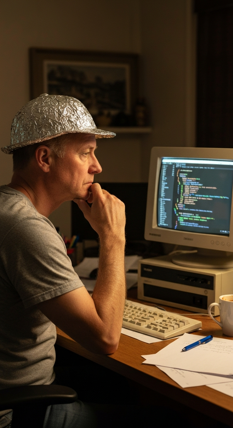 A man in his early 50s, balding with a fringe of hair under a baseball cap, overweight. Wearing a wrinkled t-shirt and a tinfoil hat. In a dimly lit room with string lights and a computer. Subject sharp, natural realistic color, no soft-focus filter.