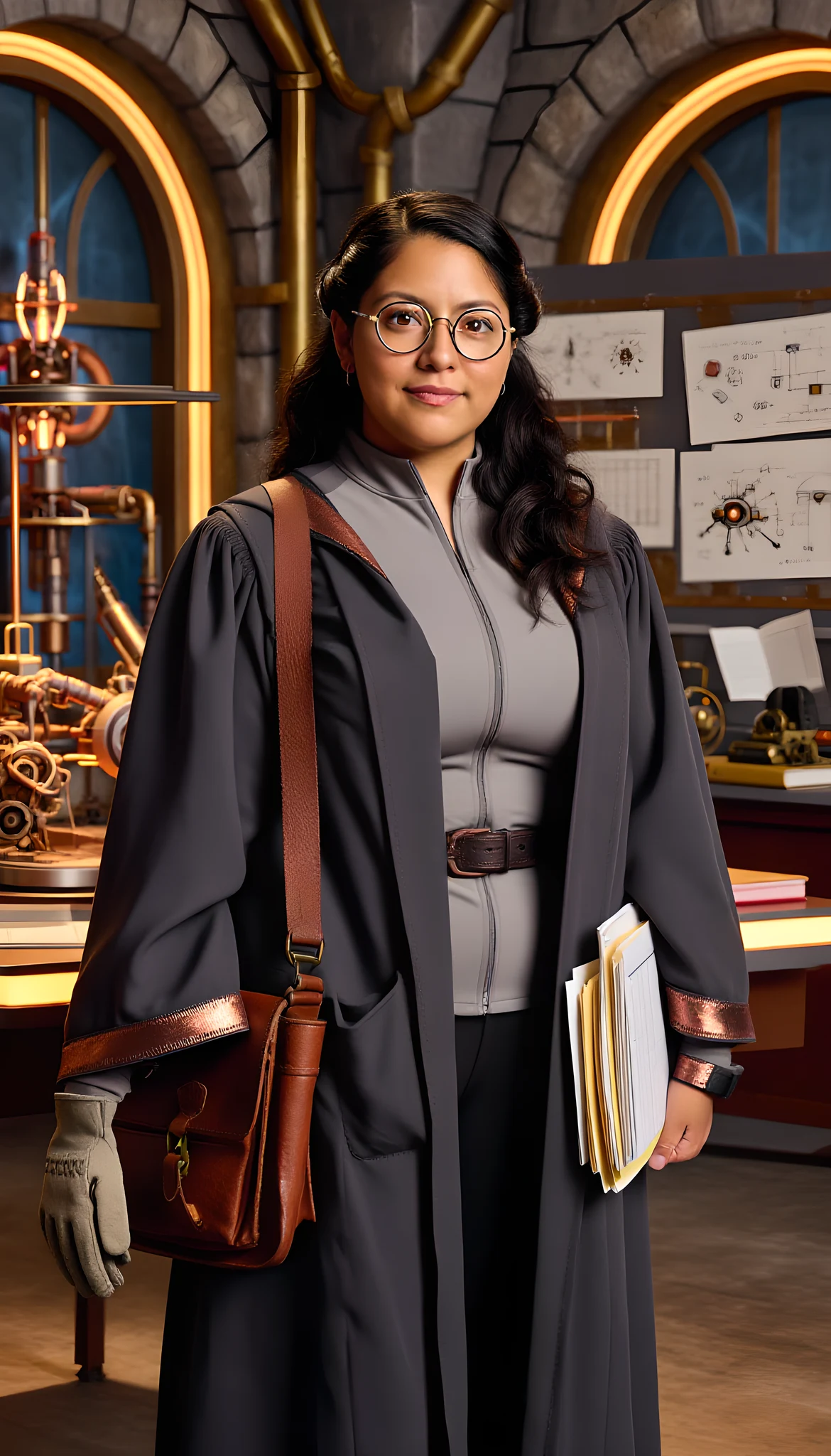 Portrait photo of a woman. Premium photorealistic portrait, subject sharp, natural realistic color, realistic skin texture, no soft-focus filter, no unwanted oversaturation. A woman, 41, Mexican American, approachable knowledgeable-looking university professor in a fantasy-indus…