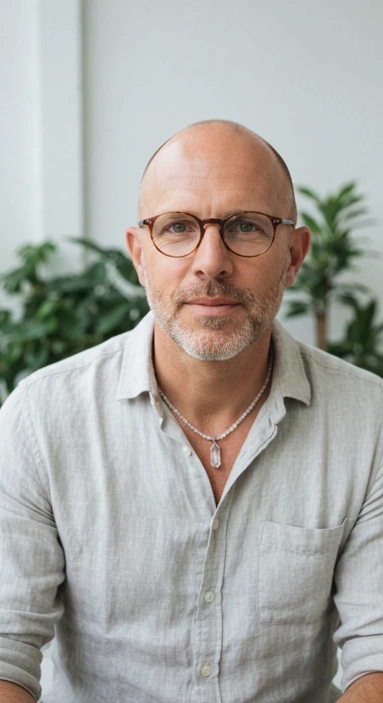 Portrait photo of a man. Premium photorealistic portrait, subject sharp, natural realistic color, realistic skin texture, no soft-focus filter, no unwanted oversaturation. A man in his early 40s, balding with a shaved head, light skin, trendy round glasses. Wearing a linen butto…