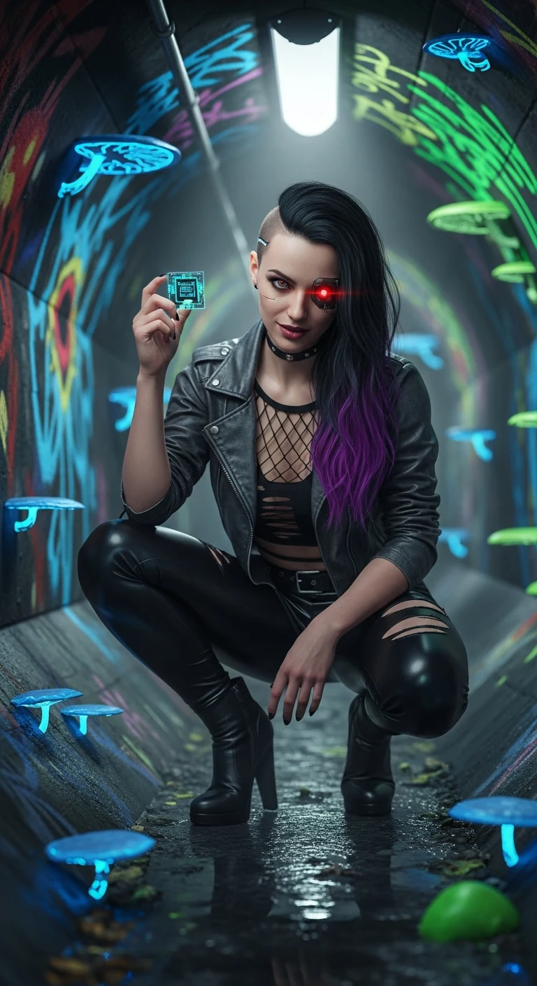 A woman, 24 years old, Caucasian, very skinny with a lean build. She wears tight black leather pants, a ripped fishnet top, and a worn leather jacket. Her hair is shaved on one side and long on the other, dyed jet black with purple tips. Her right eye glows faintly red with a cy…