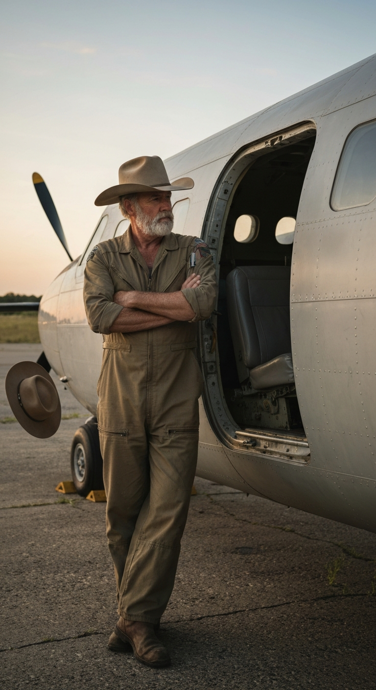 Leaning into the open door of a rusty turboprop at dusk, cowboy hat tipped low, hands free, scanning the horizon over crossed arms in a dusty jumpsuit