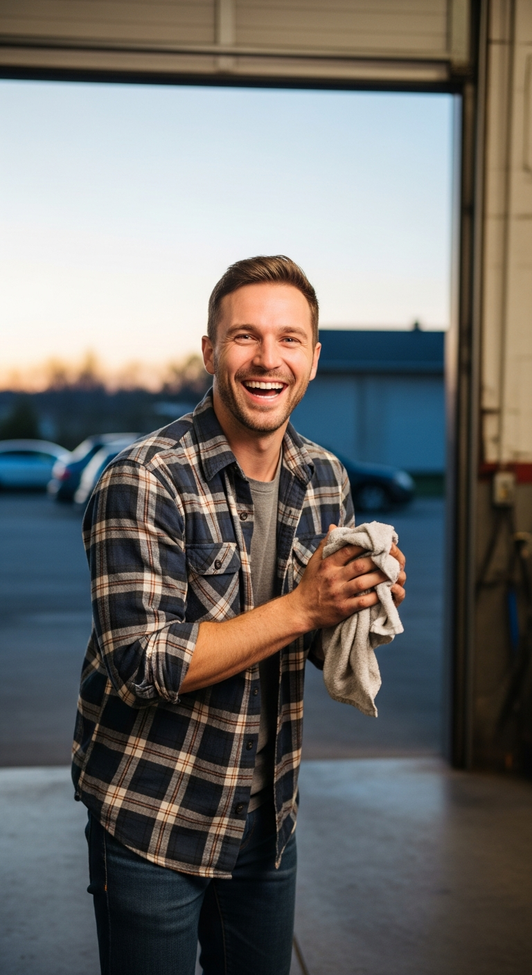 Laughing while wiping grease-stained hands on a rag at the open garage bay door at dusk
