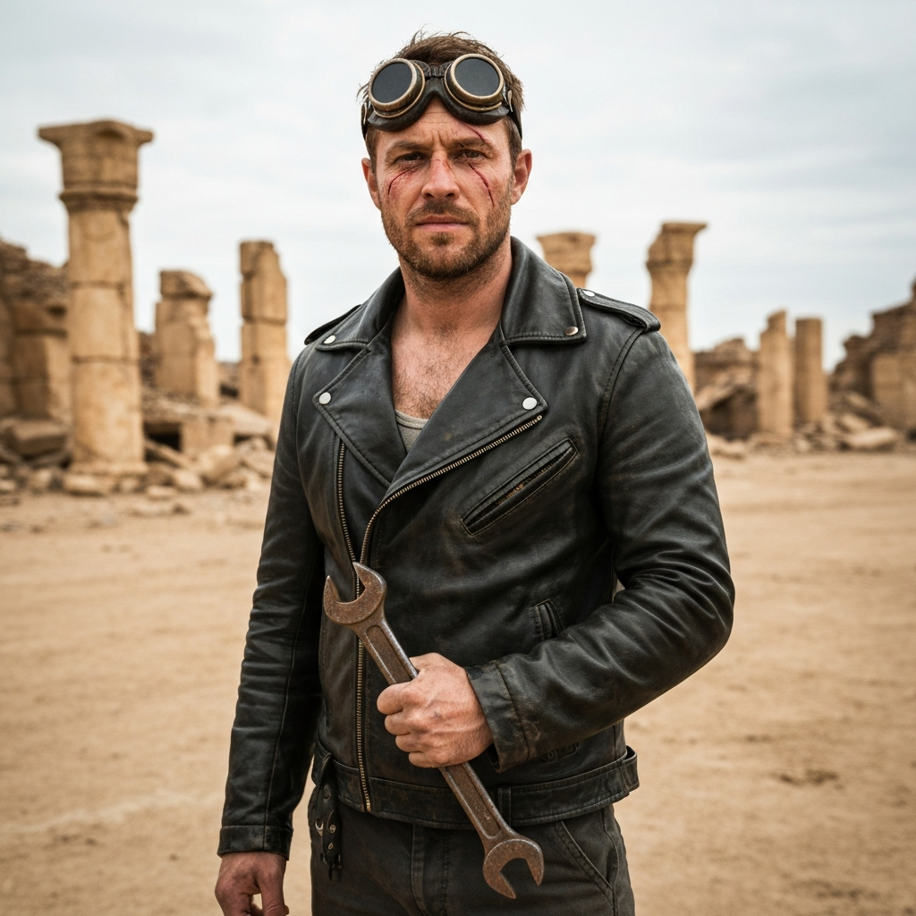 A man, 30s, Caucasian, rugged face with a scar across his cheek, wearing a leather jacket and goggles, standing in a dusty wasteland with ruins in the background, holding a rusty wrench, subject sharp, natural realistic color, no soft-focus filter