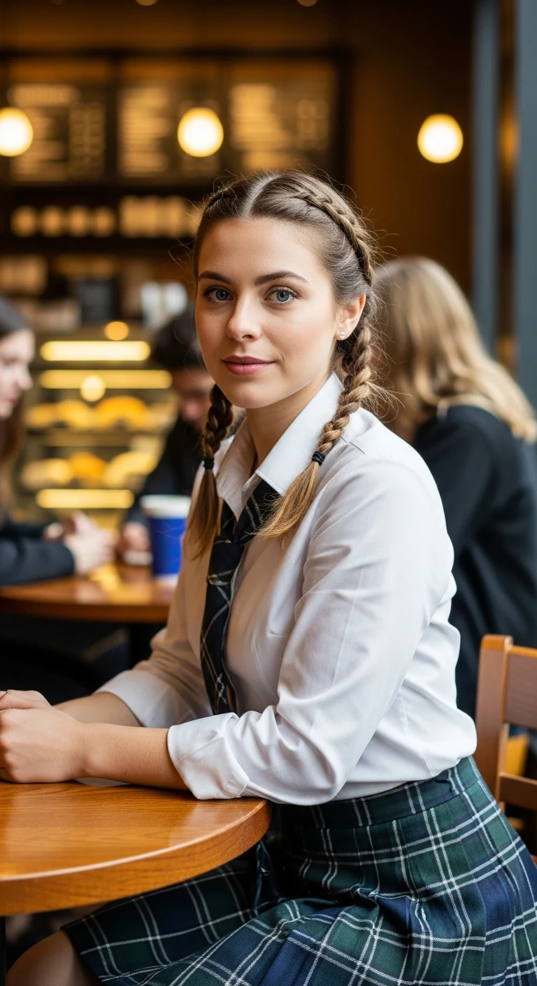 Portrait photo of a woman. Premium photorealistic portrait, subject sharp, natural realistic color, realistic skin texture, no soft-focus filter, no unwanted oversaturation. A 22-year-old Caucasian woman with oval face, light brown hair in dual braids, fair skin, blue eyes, peti…
