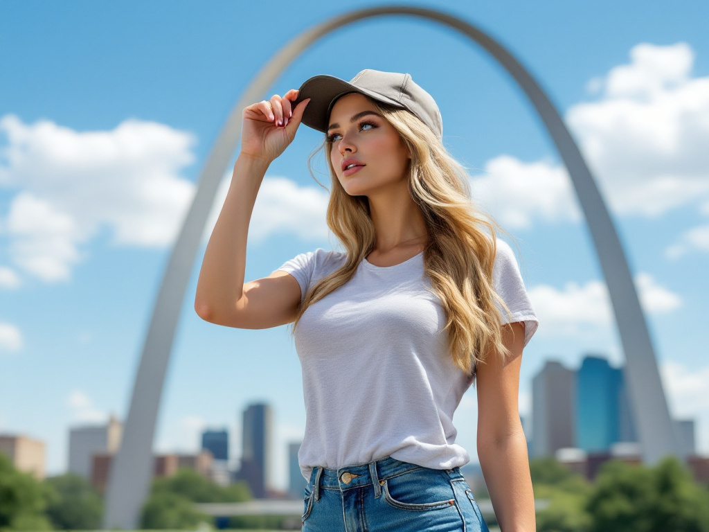 Pausing at the base of the St Louis Arch, in jeans and a T-shirt, scanning the skyline with one hand near the bill.
