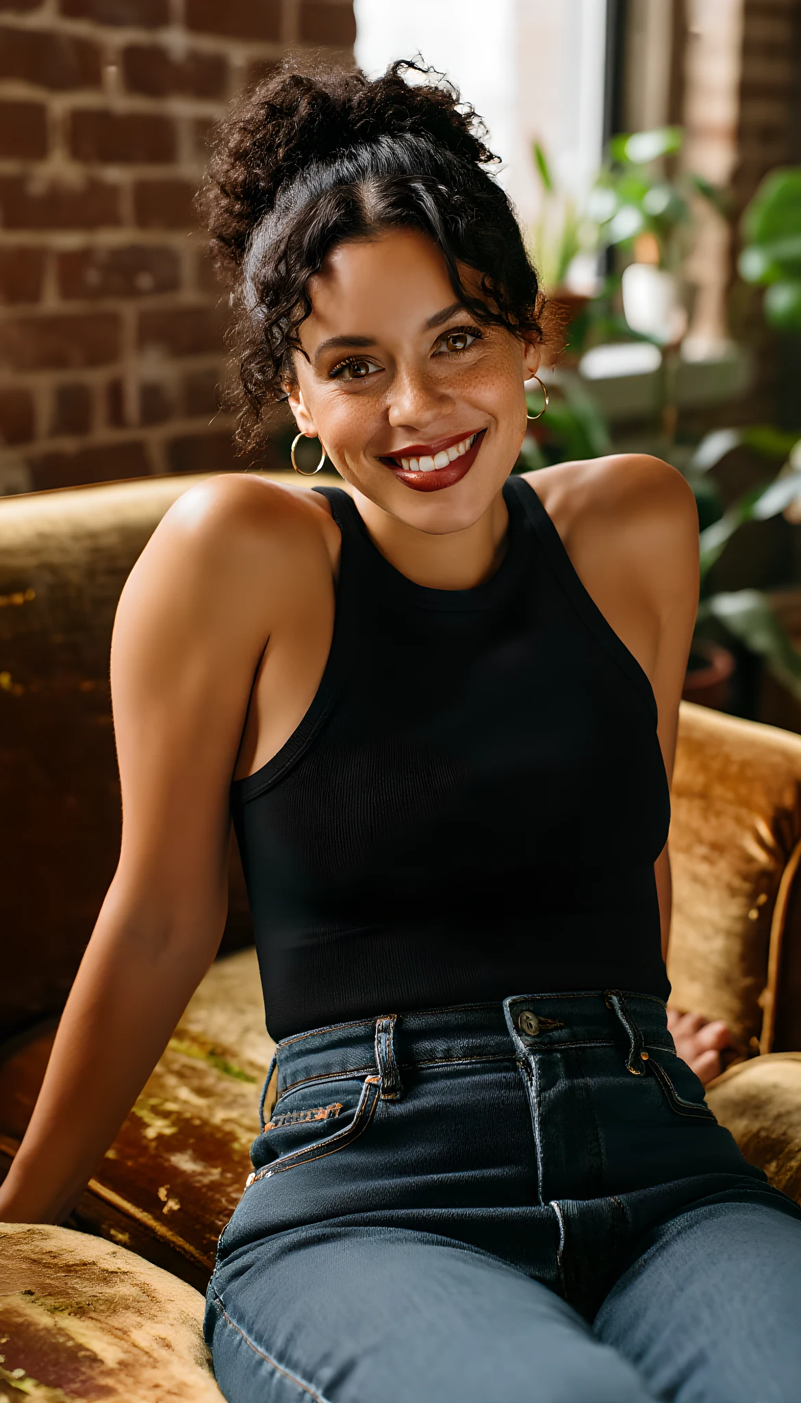 Portrait photo of a woman. Premium photorealistic portrait, subject sharp, natural realistic color, realistic skin texture, no soft-focus filter, no unwanted oversaturation. A woman, 28, biracial (African-American and Caucasian), with warm brown skin, natural curly dark hair tie…