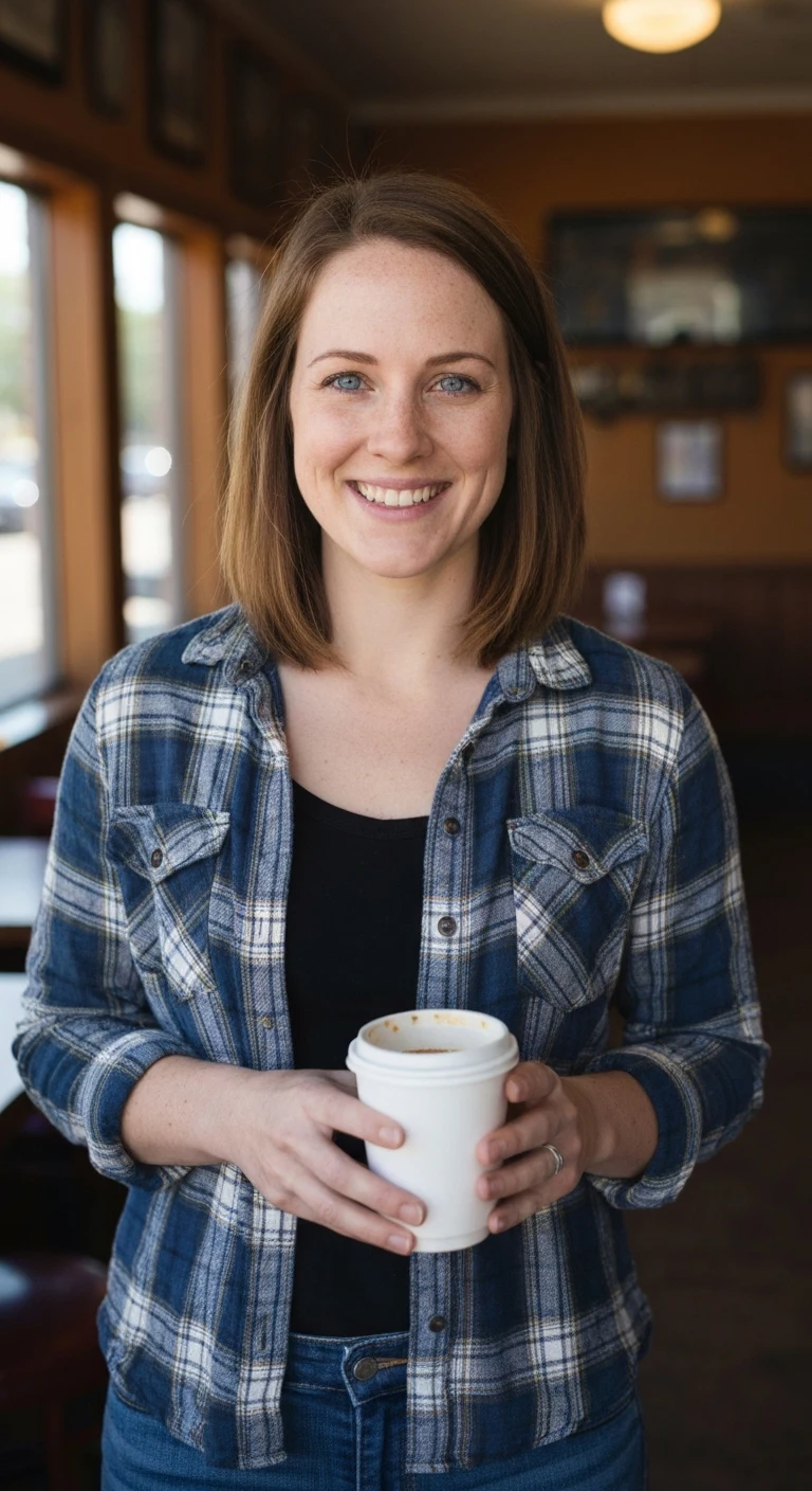 Portrait photo of a woman. Premium photorealistic portrait, subject sharp, natural realistic color, realistic skin texture, no soft-focus filter, no unwanted oversaturation. A 27-year-old Caucasian woman with a friendly smile, petite build, shoulder-length light brown hair, blue…